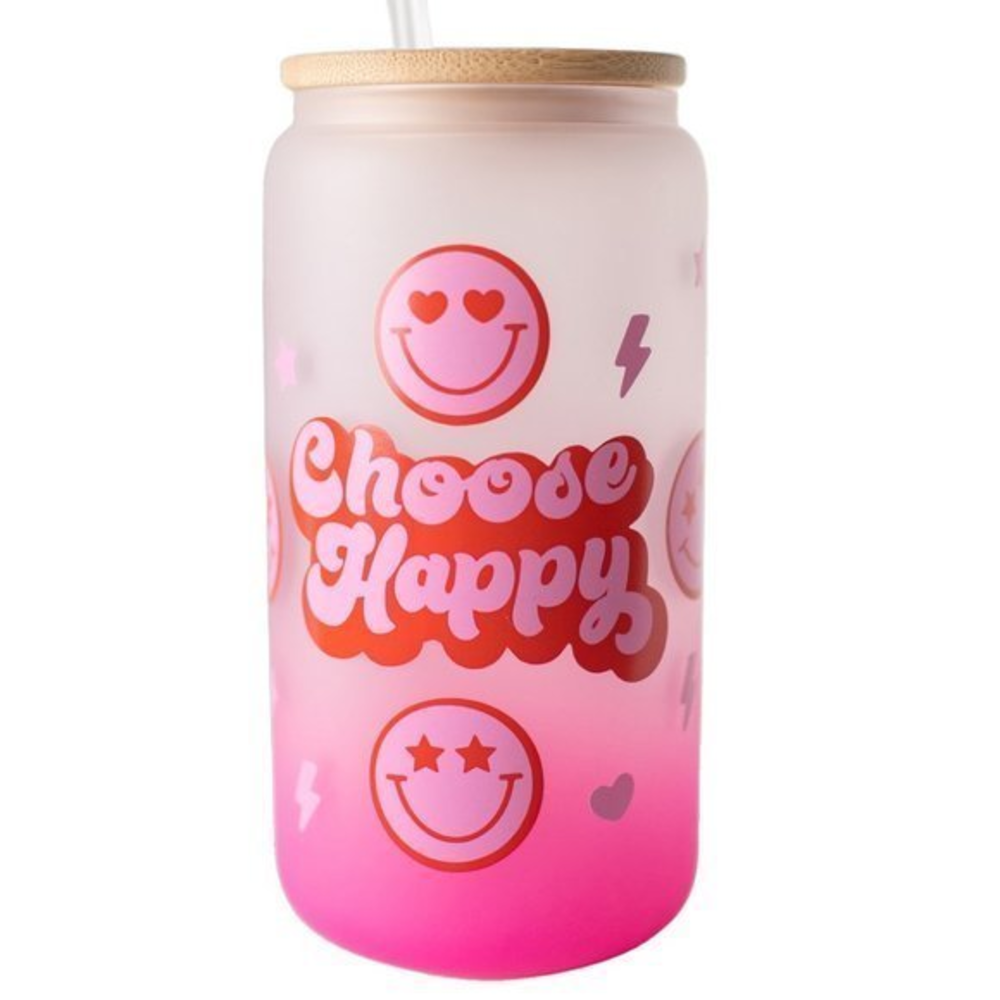 Choose Happy‎ Smiley Face Lightning Bolt 16oz Libby Frosted Beer Drinking Glass